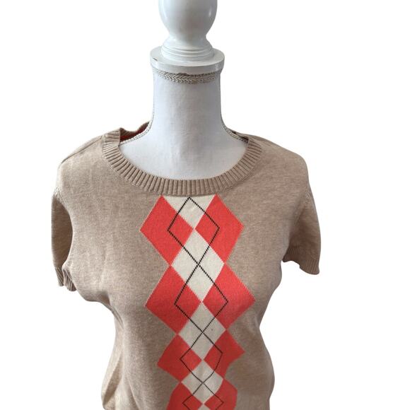 Izod Argyle Short Sleeve Sweater Tan S - Picture 2 of 5